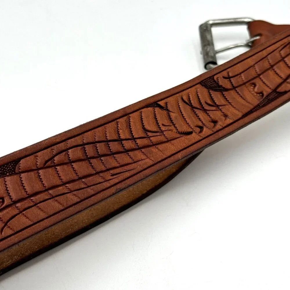 HAND TOOLED BROWN LEATHER MENS BELT FASHION WORK CASUAL OFFICE WEAR MEN BELTS me - Picture 5 of 12